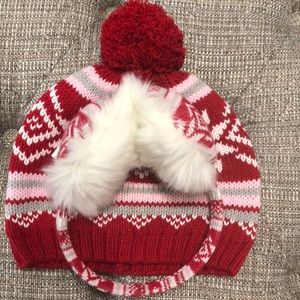 Girls Medium Beanie and Ear muffs - red and white